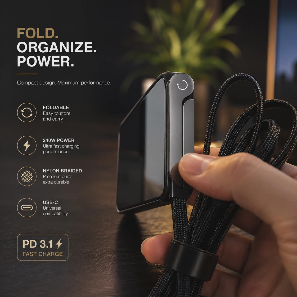 240W Foldable USB-C Fast Charging Cable Organizer
